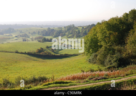 England. West Sussex. Worthing. Landschaft auf South Downs mit Golfplatz. Meer im Hintergrund Stockfoto