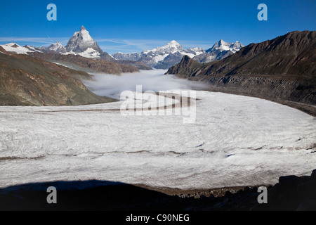 Blick über Gornergletscher, Matterhorn, Zermatt, Kanton Wallis, Schweiz, Myclimate Audio-Spur Stockfoto