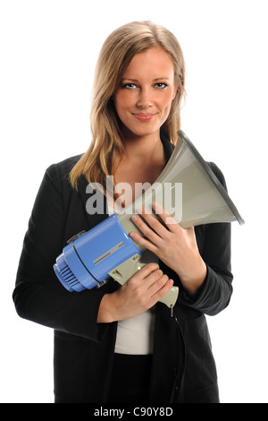 Porträt der schönen Geschäftsfrau hält Megaphon isoliert auf weißem Hintergrund Stockfoto