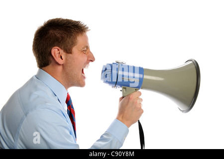 Junger Geschäftsmann mit Megaphon isoliert auf weißem Hintergrund Stockfoto