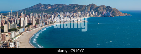 Komplettes Panorama Luftbild von Benidorm sandigen Strand Poniente und Levante bei Tageslicht, mit Altstadt und Burg. Stockfoto