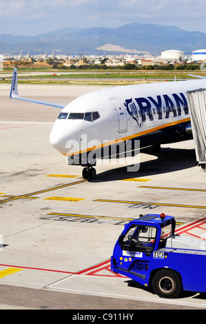 Ein Ryanair-Flugzeug am Flughafen von Palma, Mallorca Stockfoto