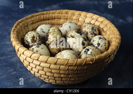 Wachteleier in einem Korb Stockfoto