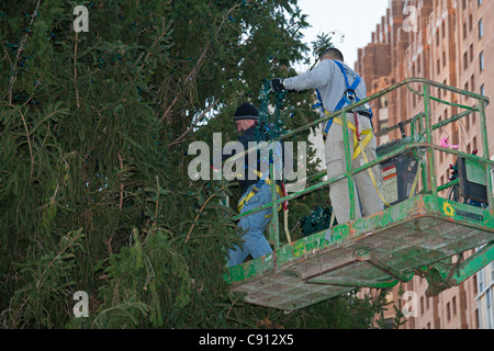 Detroit, Michigan - Arbeiter Lichterkette auf einem 69-Fuß Fichte Weihnachtsbaum im Campus Martius Park. Stockfoto