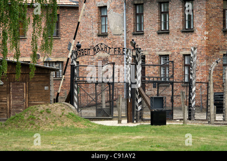 Tor zum Eingang des KZ Auschwitz-Birkenau 1 mit original Metall-Schilder "Arbeit Macht Frei" Arbeit macht frei und Stockfoto