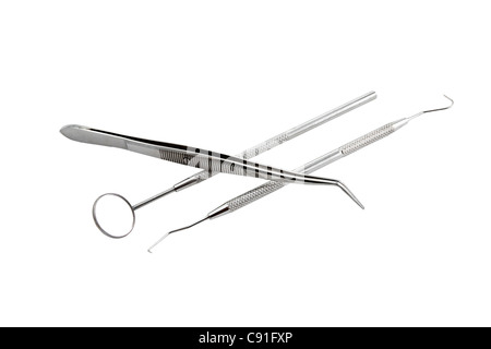 Set aus Metall medizinische Geräte Werkzeuge für die Zähne, Zahnpflege Stockfoto