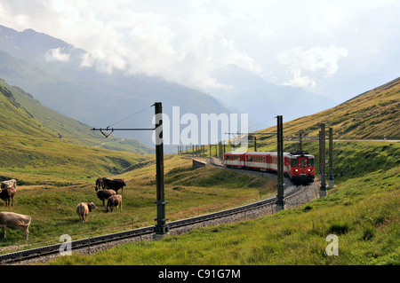 Zug der Matterhorn-Gotthard-Bahn in der Nähe von Oberalppass, Andermatt, Kanton Uri, Schweiz Stockfoto