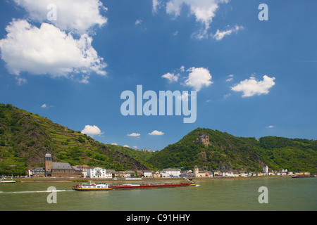 Katz Schloss St. Goarshausen Schifffahrt auf dem Fluss Rhein Köln-Düsseldorfer Mittelrhein Rheinland-Pfalz Deutschland Europa Stockfoto