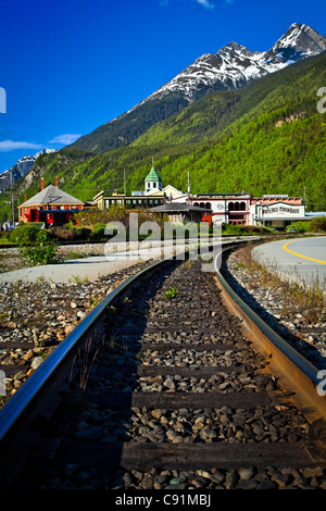 Close up Portrait of White Pass & Yukon Route Bahngleise führt zu Skagway, Alaska Southeast, Sommer Stockfoto