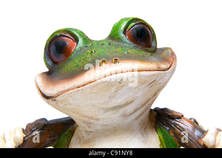 Grüner Baum Spielzeug Frosch Makro auf weiß Stockfoto