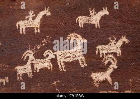 Pferd Reiter Ute Petroglyphen, Arches-Nationalpark Stockfoto