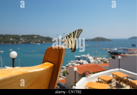 Schwalbenschwanz-Schmetterling auf Stuhl im Restaurant der Stadt Skiathos, Skiathos, Griechenland Stockfoto