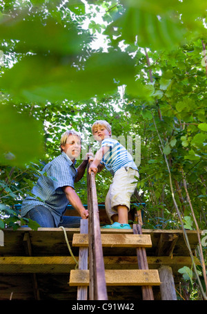 Vater und Sohn bauen Baumhaus Stockfoto