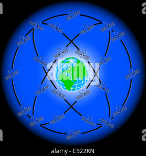 Weltraumsatelliten in exzentrischen Umlaufbahnen um die Erde. Stockfoto