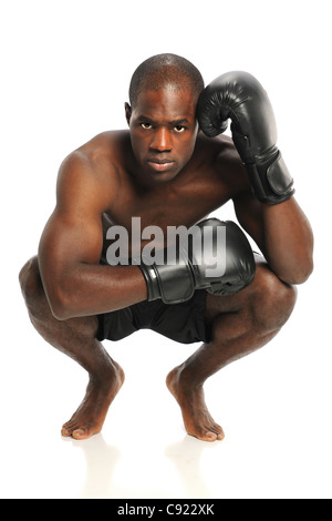 Afrikanische amerikanische Kämpfer mit dem Kampf gegen Handschuhe isoliert auf weißem Hintergrund Stockfoto