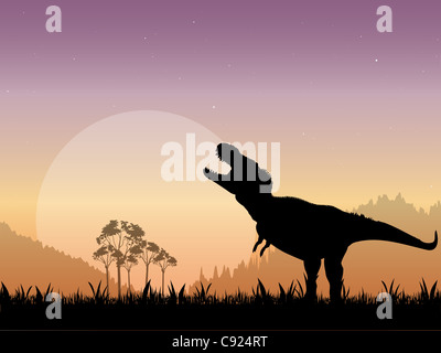 Die Silhouette von einem Tyrannosaurus Rex brüllend vor einem stumpfen Mond mit einem Sternenhimmel als Hintergrund. Stockfoto