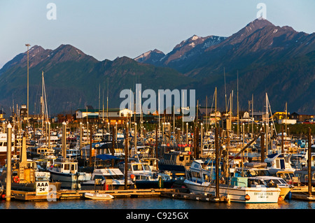 Abendlicht am Homer kleinen Bootshafen in Kachemak Bay mit Sadie Peak im Hintergrund, Halbinsel Kenai, Alaska Stockfoto