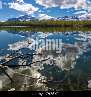 Wolken reflektieren an einem sonnigen Tag im Echo Lake mit Pioneer Peak im Hintergrund, Palmer, Yunan Alaska, Frühling Stockfoto