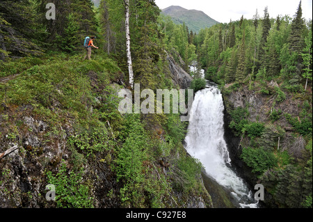 Frau Wanderungen in der Nähe von Juneau fällt auf die Auferstehung Pass Trail im Chugach National Forest, Yunan Alaska, Sommer Stockfoto