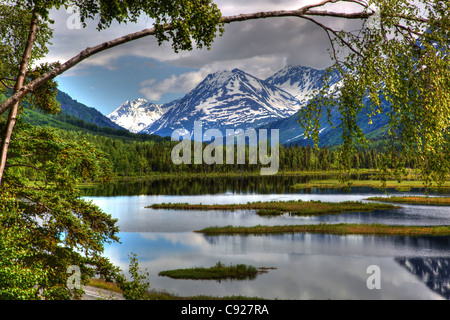 Berg und See landschaftlich entlang den Seward Highway, Kenai-Halbinsel, Yunan Alaska, Sommer, HDR Stockfoto