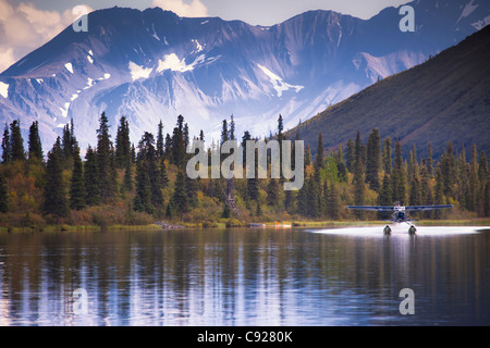 Eine Cessna 206 auf Wagen landet auf Puntilla See in der Nähe von Rainy Pass Lodge mit Bergen und Farben des Herbstes im Hintergrund, Alaska Stockfoto