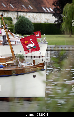 Ein Gefolge von Boote folgen der Swan-Oberteil hinunter den Fluß während Swan Upping, Themse, Henley, England Stockfoto