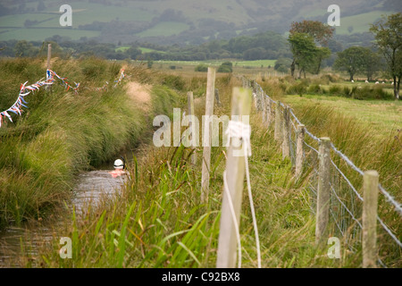 Die schrulligen jährliche Bog Schnorcheln Weltmeisterschaften an einem Torfmoor am Stadtrand von Llanwrtyd Wells, Powys, Wales Stockfoto