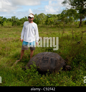 Touristen stehen in der Nähe einer riesigen Schildkröte, Santa Cruz Island, Galapagos-Inseln, Ecuador Stockfoto