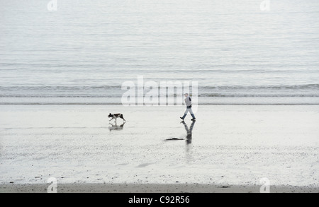 Mann und sein Hund zu Fuß entlang einer Strand-England-Vereinigtes Königreich Stockfoto