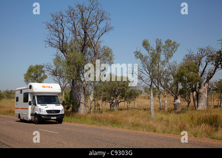 Wohnmobil und Boab Bäume in der Nähe von Warmun (Türkei Creek), Great Northern Highway, Kimberley-Region, Western Australia, Australien Stockfoto