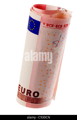 Gerollte Euro-Dollar-Noten isoliert auf weißem Hintergrund Stockfoto