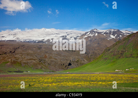 Bauernhöfe in den südlichen Ausläufern des Eyjafjallajökull, ein Stratovulkan, deren Eiskappe 39 Quadratmeilen umfasst. Stockfoto