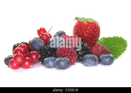 verschiedene Beeren auf weißem Hintergrund Stockfoto