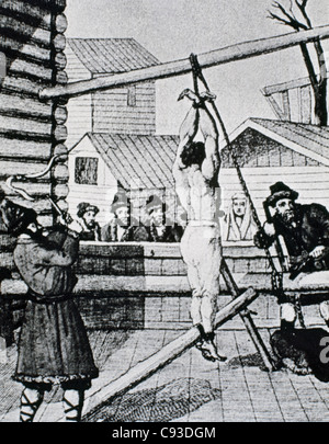 Geschichte Russlands. Leibeigenschaft. Bestrafung eines Sklaven mit der Peitsche. Gravur. 18. Jahrhundert. Stockfoto