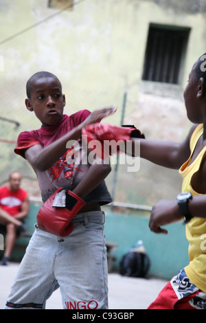 Kinder Boxen Schule Gimnasio del Boxo in der Altstadt von Havanna, Kuba. Stockfoto