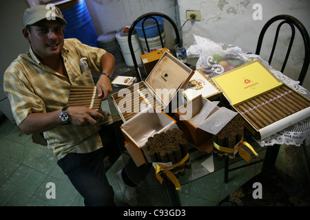 Illegalen Tabak-Händler mit gefälschten kubanischen Zigarren in seinem Haus in der Altstadt von Havanna, Kuba. Stockfoto