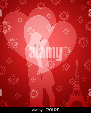 Happy Valentines Day paar in Paris mit Eiffelturm und Herzen Stockfoto