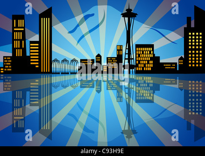 Reflexion von Seattle Washington Stadt Skyline bei Nacht-Illustration Stockfoto