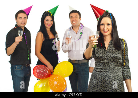 Party Frau mit Champagner vor ihrem fröhlichen Freunden isoliert auf weißem Hintergrund Stockfoto