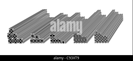 Stapel aus extrudierten Aluminiumprofilen isoliert auf weißem 3d render Stockfoto