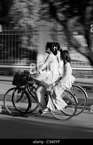 Asien, Vietnam, Hue. Mädchen in traditionellen vietnamesischen weißen Kleidern auf dem Fahrrad von der Schule zurück. Stockfoto