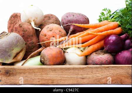 Schachtel mit gemischtem Gemüse: Rüben, Karotten, Schwede, Kartoffeln, rote Beete und roten Zwiebeln Stockfoto