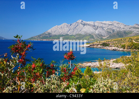 Landschaft in Halbinsel Peljesac. Blick auf St. Ilija Berg. Orebic-Stadt unter dem Berg. Stockfoto