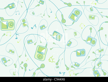 Retro-Seamless Pattern der coolen handgezeichneten mp3 Spieler in verschiedenen Farben. Stockfoto