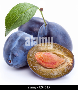 Gruppe von Pflaumen mit Blatt isoliert auf einem weißen Hintergrund. Stockfoto