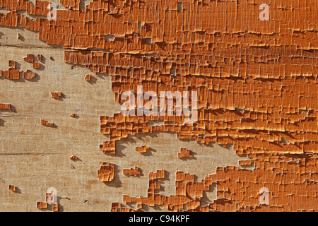 Hintergrund der Abplatzungen orange Hose auf einer Holzwand Stockfoto