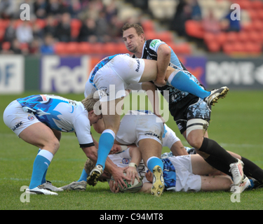 13.11.2011. Glasgow, Schottland.  Heineken Cup Pool 3 Rugby Union vom Firhill Stadium. Glasgow Warriors V Bad. Colin Shaw fährt über den ruck Stockfoto