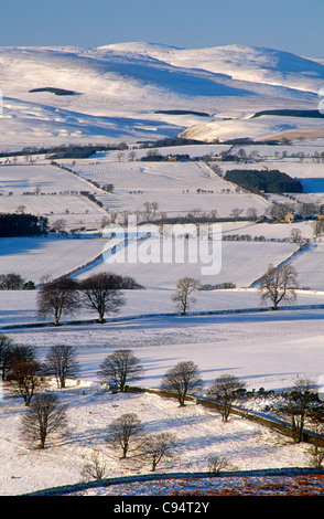 Verschneite Aussicht über Coquetdale und den Cheviot Hills, in der Nähe von Rothbury, Northumberland Stockfoto