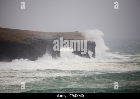 Sturm, Wellen, die über 80 Fuß Klippen am Deerness auf Orkney Mainland, Schottland, UK angetrieben. Stockfoto