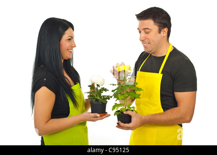 Fröhliche Floristen Team lustige Unterhaltung und Töpfe mit Chrysantheme isoliert auf weißem Hintergrund Stockfoto